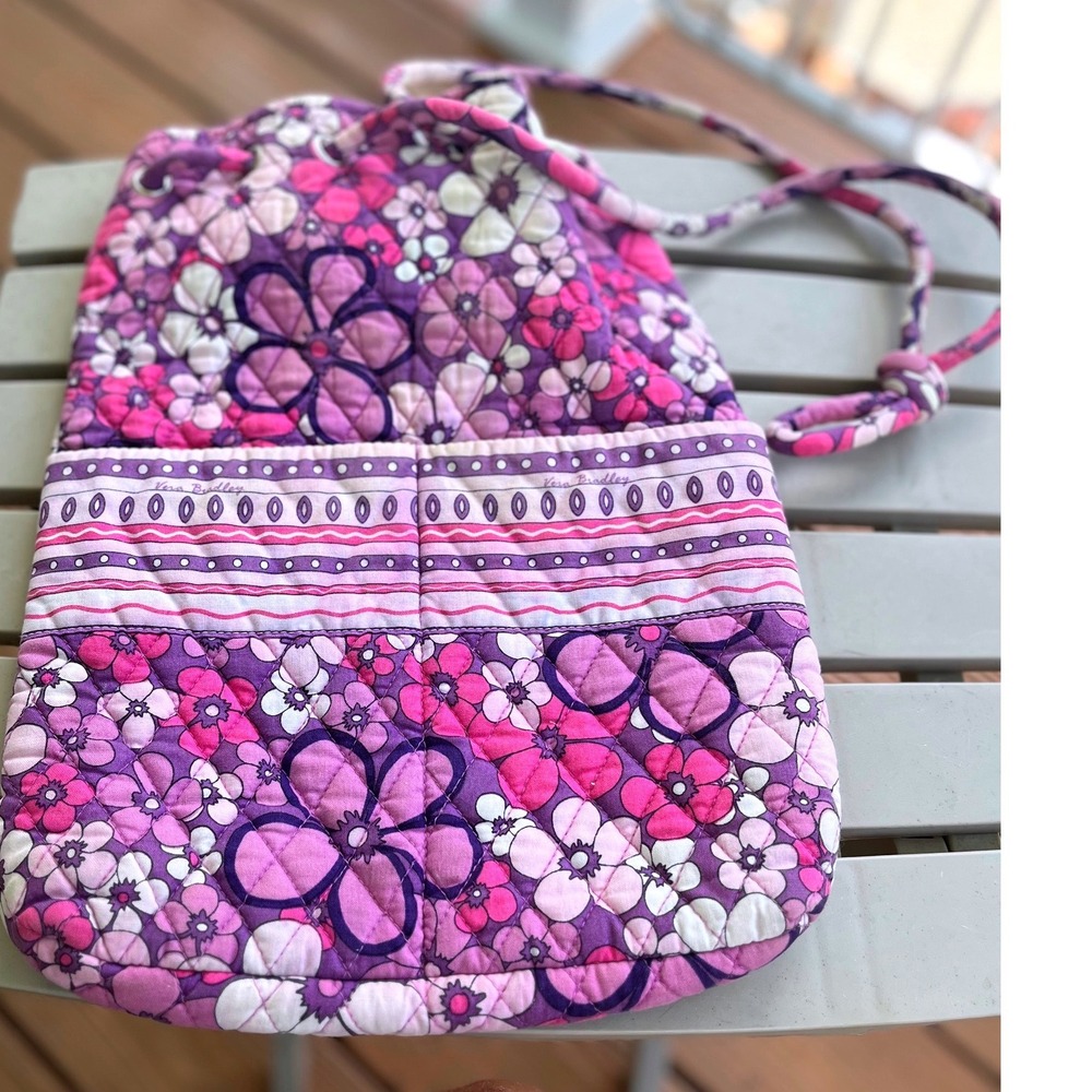 Vera Bradley Purple Punch Floral Quilted Cotton Drawstring Sling Backpack Bag